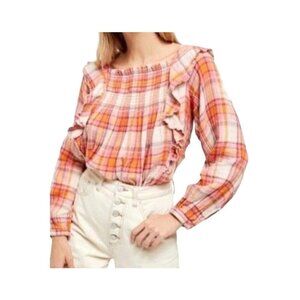 Free People Top Women M Orange Pullover Smock Plaid Preppy Western Boho Retro